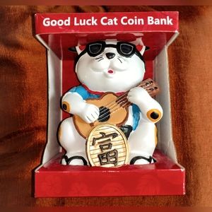 Ukulele Boy Hula Aloha Cat Bank Maneki Neko Good Fortune Lucky Cat Rare Find